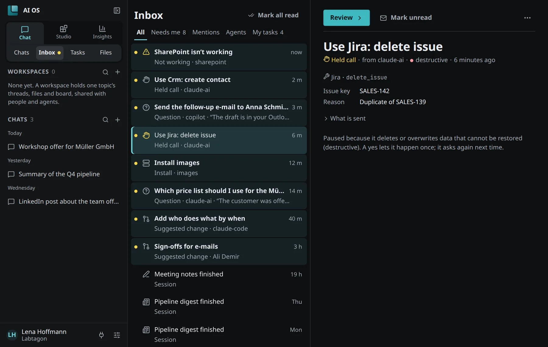A held call open in the Inbox: Claude wants to delete a Jira issue; the arguments it would send are shown