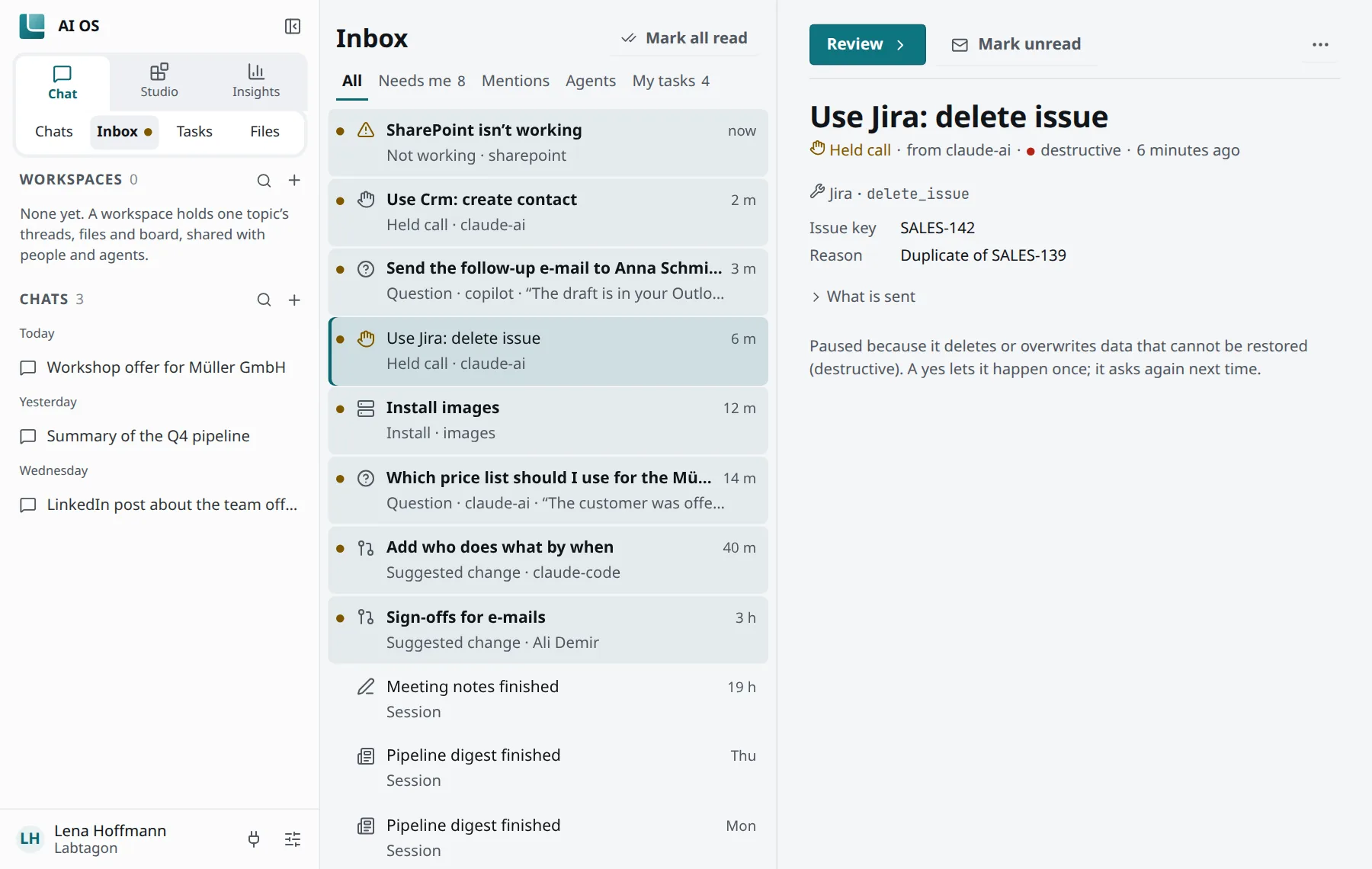A held call open in the Inbox: Claude wants to delete a Jira issue; the arguments it would send are shown