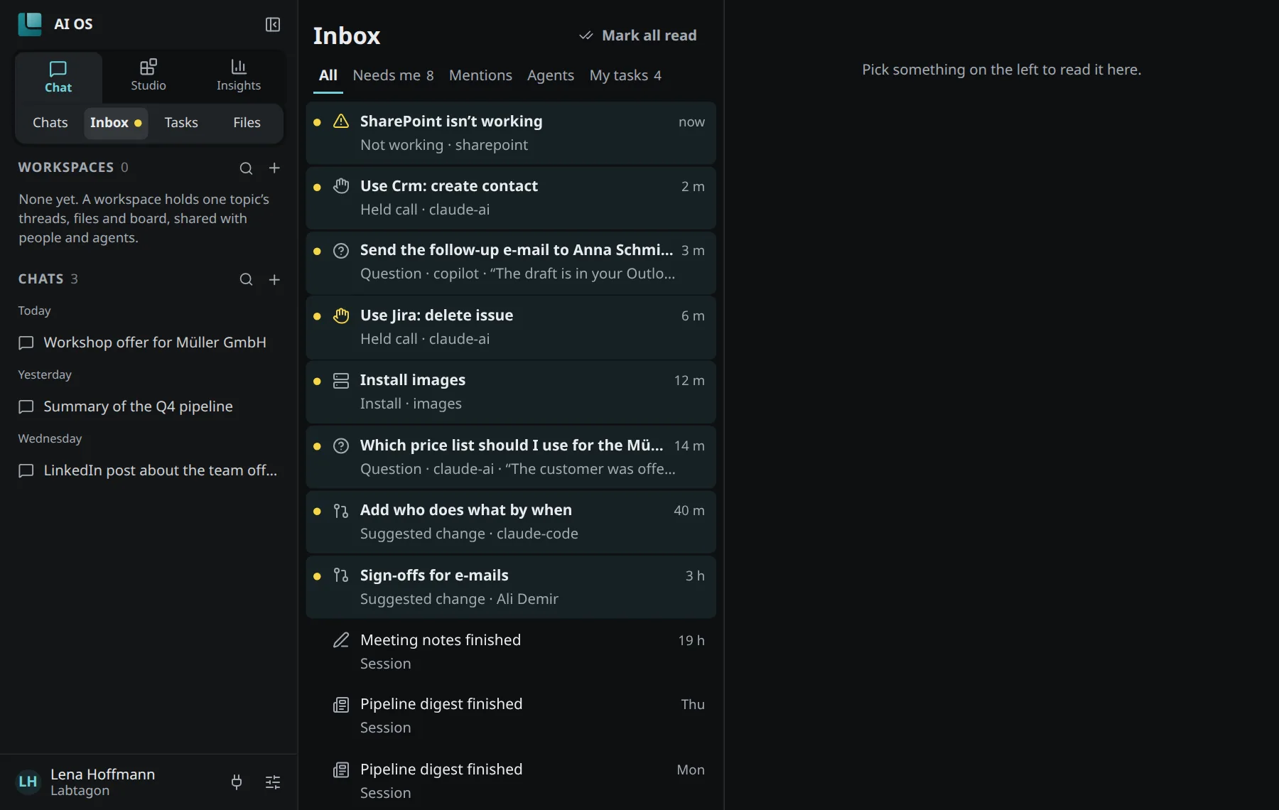 The Inbox with its filters and entries: held calls, questions, suggested changes and finished sessions of agents