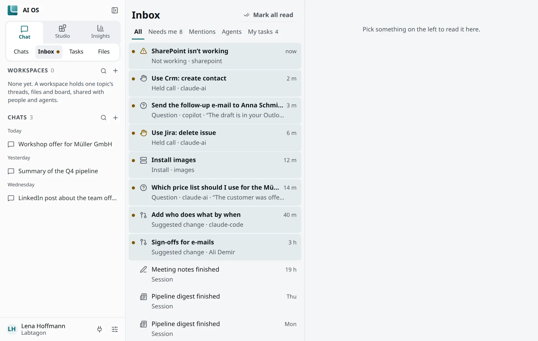 The Inbox with its filters and entries: held calls, questions, suggested changes and finished sessions of agents