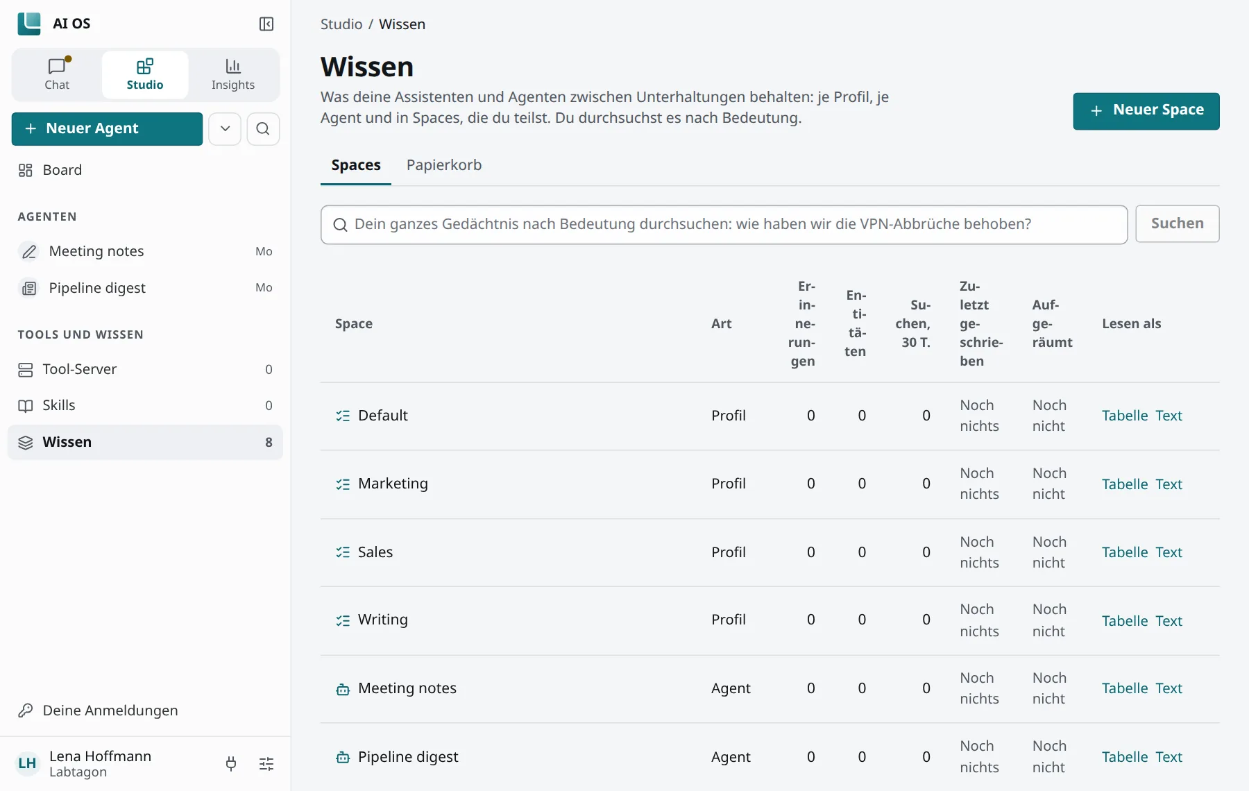 Wissen im Studio: die Spaces der Profile, der Agenten und geteilte Spaces, mit dem, was jeder enthält