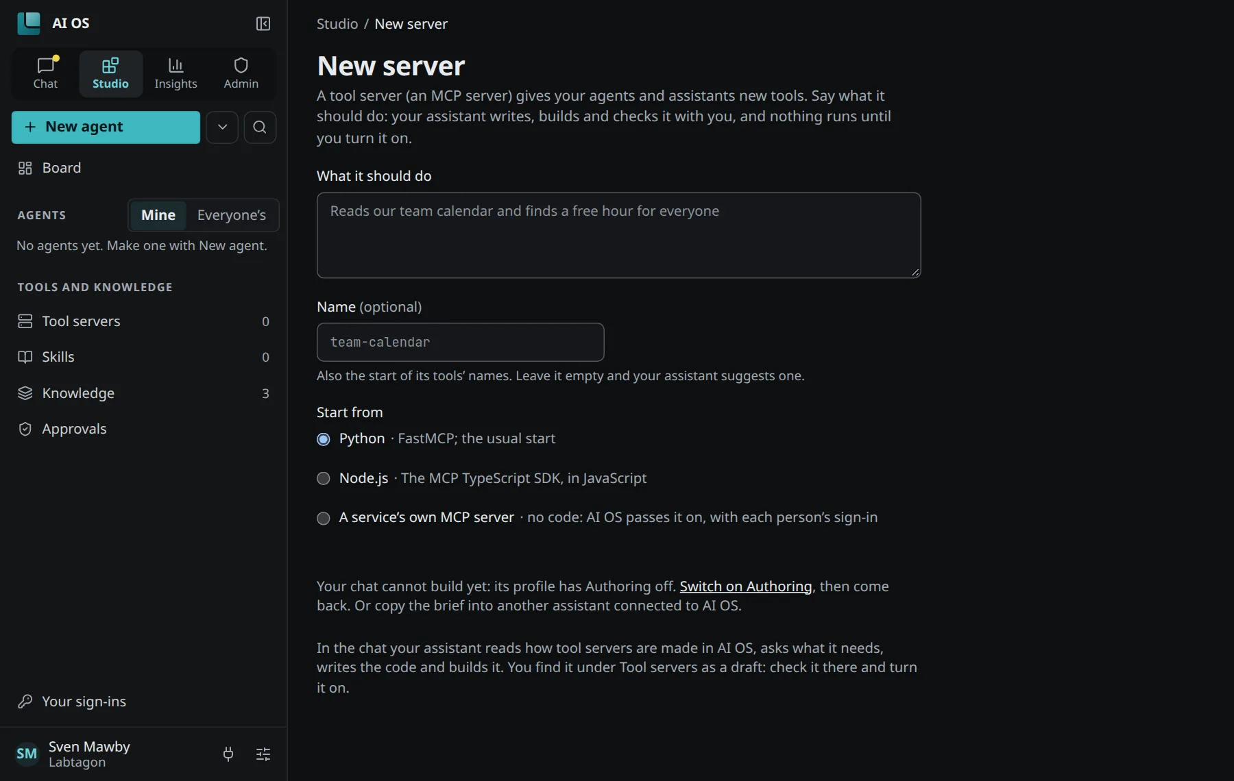 Studio, New server: what it should do, an optional name, and what to start from: Python, Node.js or a service's own MCP server