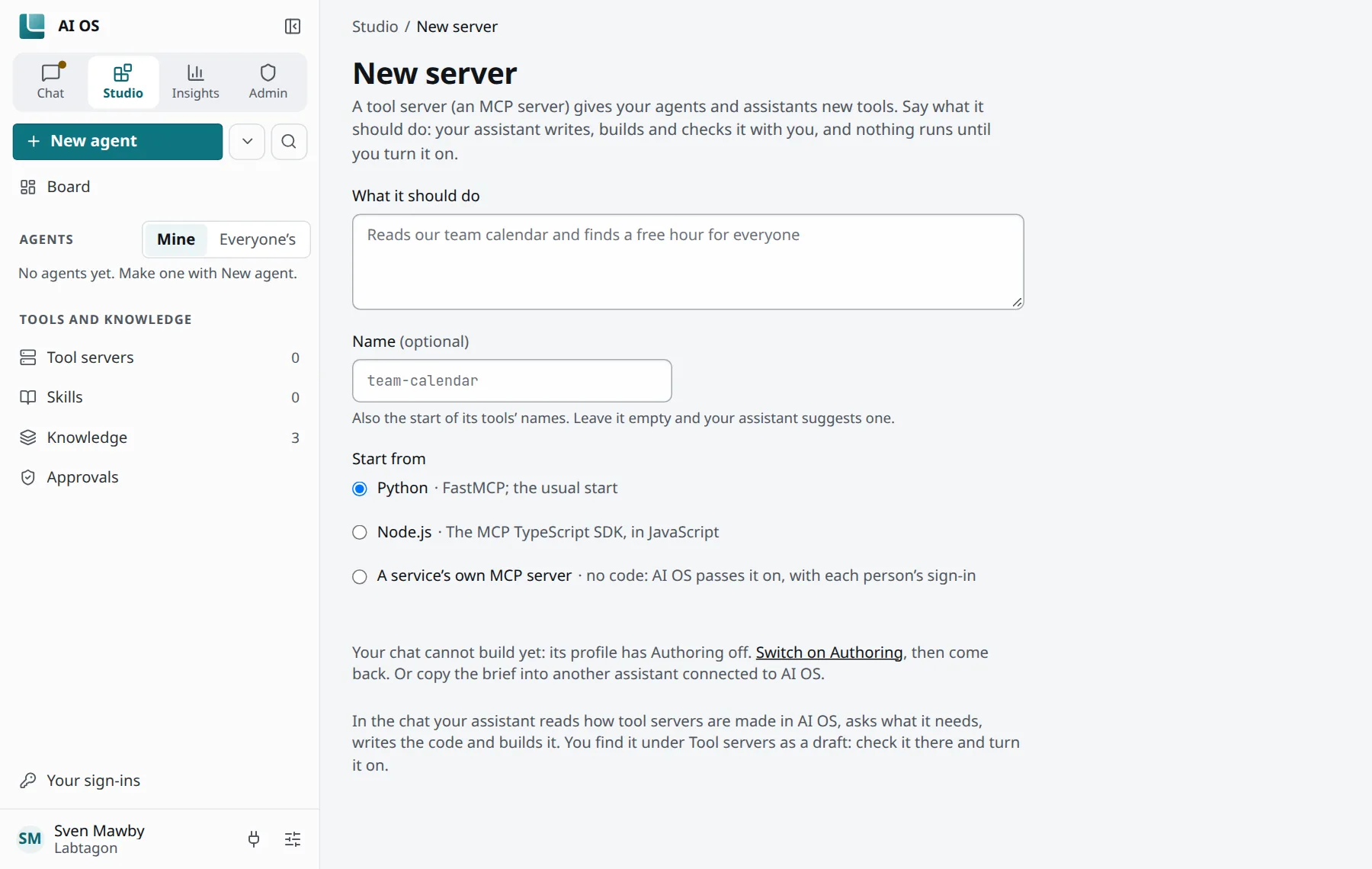 Studio, New server: what it should do, an optional name, and what to start from: Python, Node.js or a service's own MCP server