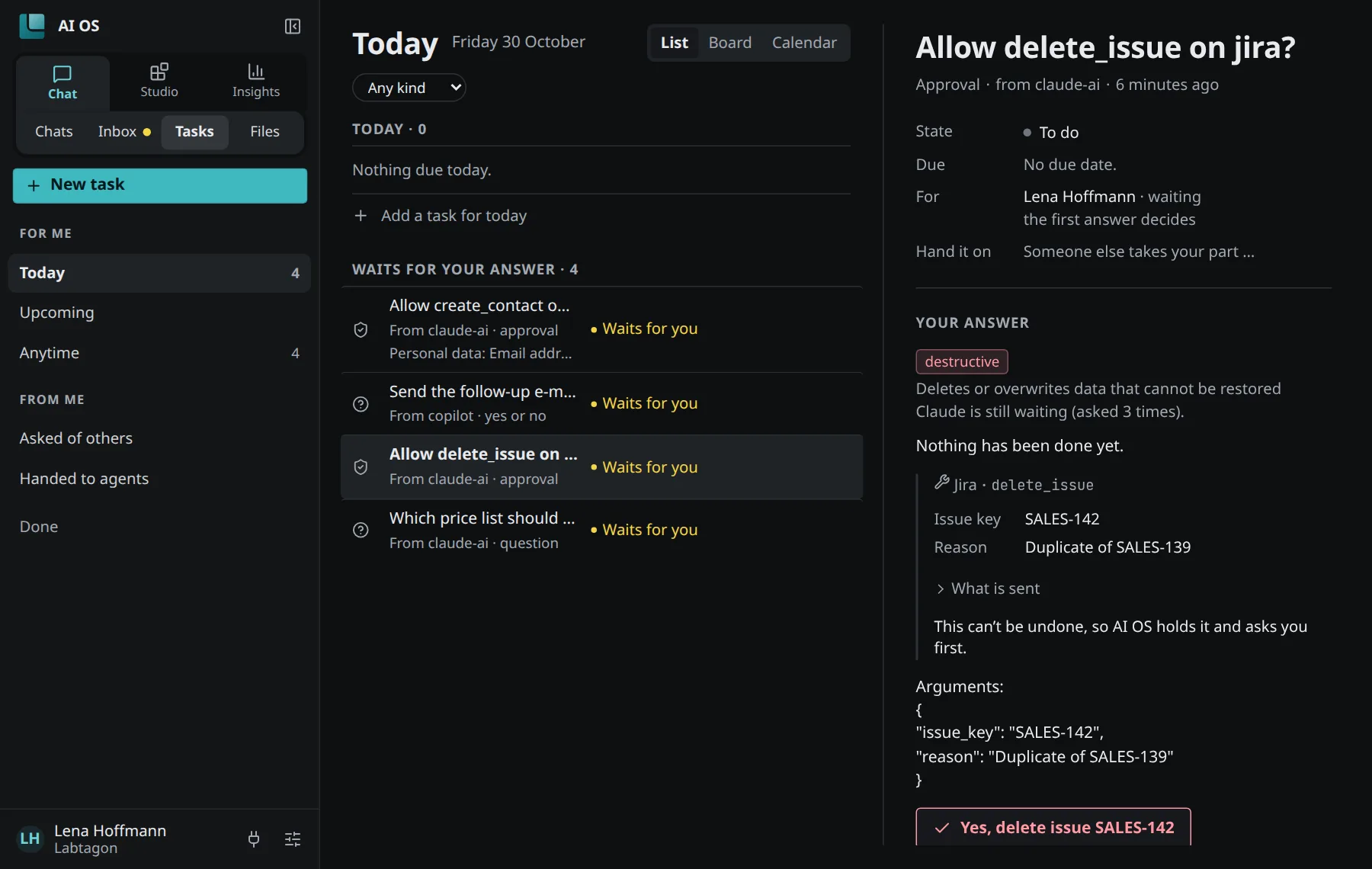 Tasks, Today: four tasks that wait for an answer; one approval is open on the right with its answers