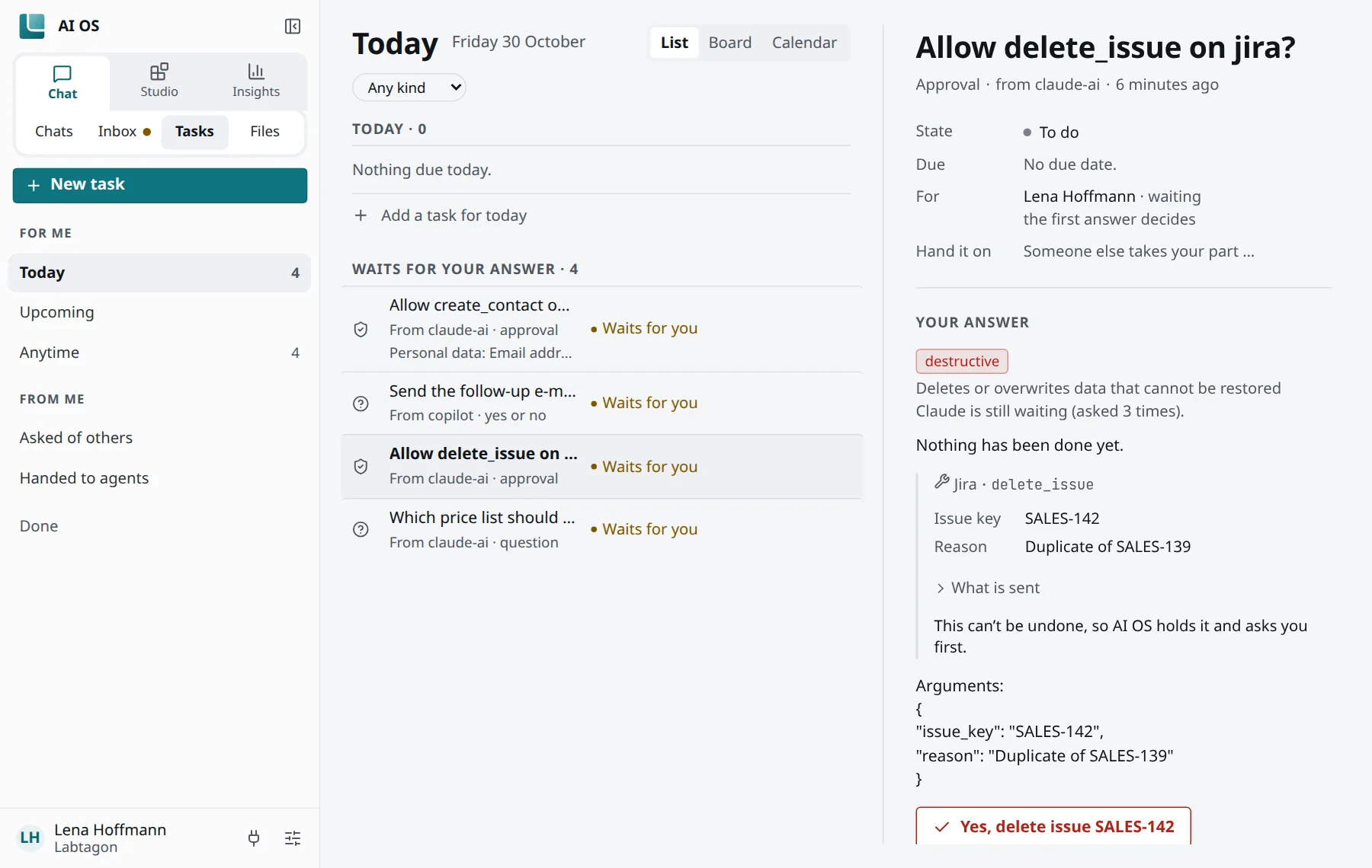 Tasks, Today: four tasks that wait for an answer; one approval is open on the right with its answers